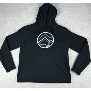 Marmot Hoodie Black Graphic Logo Pullover Fleece Hooded Men's Size Large